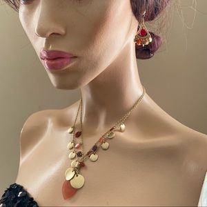 JO stamped women gold tone & amber colour vintage necklace & earrings set. Used.